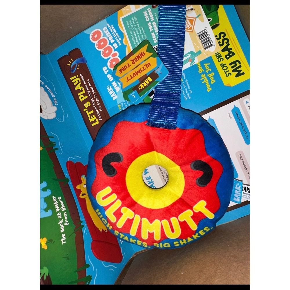 Bark Ultimutt Inner Tube Plush Squeaky Dog Toy Blue Red Yellow Large BarkBox box